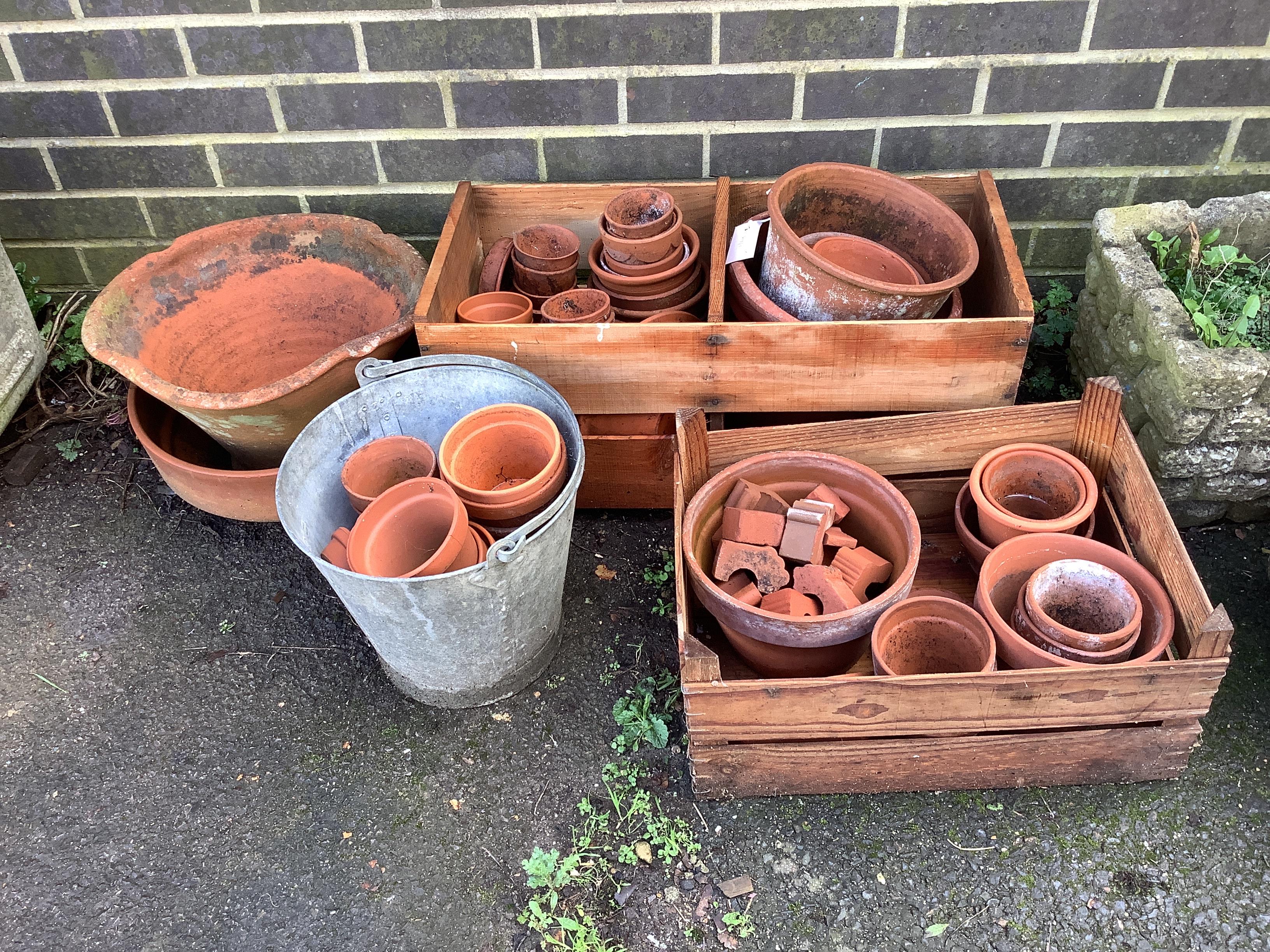 A quantity of assorted terracotta pots, largest diameter 40cm, height 28cm